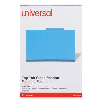 Bright Colored Pressboard Classification Folders, 2" Expansion, 1 Divider, 4 Fasteners, Legal Size, Cobalt Blue, 10/box