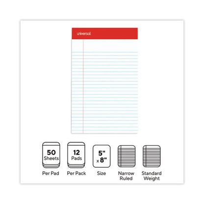 Perforated Ruled Writing Pads, Narrow Rule, Red Headband, 50 White 5 X 8 Sheets, Dozen