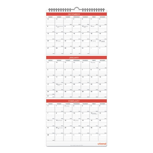 Three-month Wall Calendar, 12 X 27, White/red Sheets, 14-month: Dec 2025 To Jan 2027