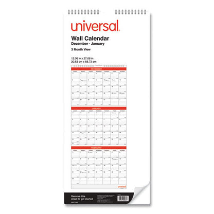Three-month Wall Calendar, 12 X 27, White/red Sheets, 14-month: Dec 2025 To Jan 2027