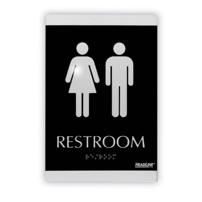 Century Series Office Sign, Men/women Restroom, 6 X 9, Black/silver