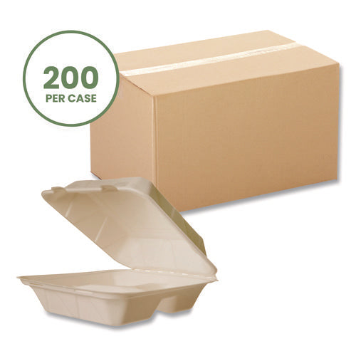 Nourish Molded Fiber Takeout Containers, Compostable, 3 Compartments, 7.9 X 7.9 X 2.9, White, Sugarcane, 200/carton