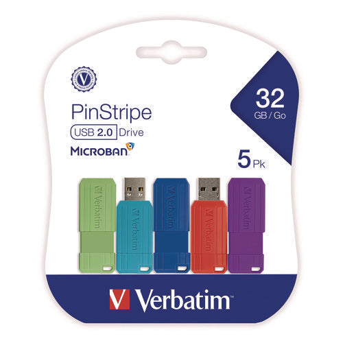 Pinstripe Usb 3.2 Flash Drive, 32 Gb, Assorted Colors, 5/pack