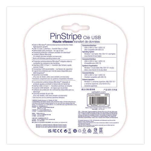 Pinstripe Usb 3.0 Flash Drive, 16 Gb, Assorted Colors, 5/pack