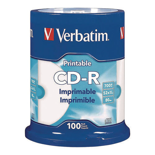 Cd-r Printable Recordable Disc, 700 Mb/80 Min, 52x, Spindle, White, 100/pack