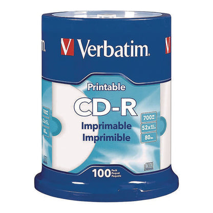Cd-r Printable Recordable Disc, 700 Mb/80 Min, 52x, Spindle, White, 100/pack