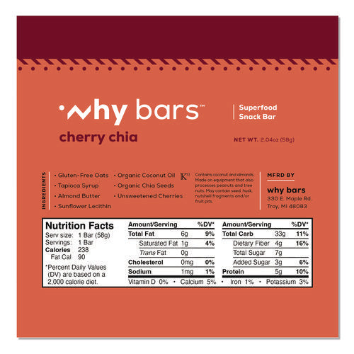 Superfood Snack Bar, Cherry Chia, 2.04 Oz Bar, 12/box