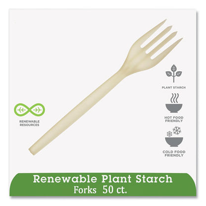 Ecosense Renewable Plant Starch Cutlery, Fork, Plastic, Cream, 50/pack