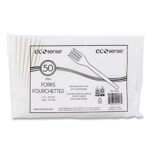 Ecosense Renewable Plant Starch Cutlery, Fork, Plastic, Cream, 50/pack, 20 Packs/carton