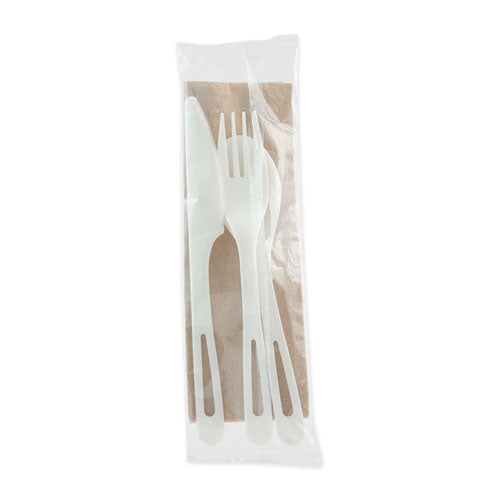Tpla Compostable Cutlery Kit, Fork/knife/napkin/spoon, Plastic, White, 250/carton