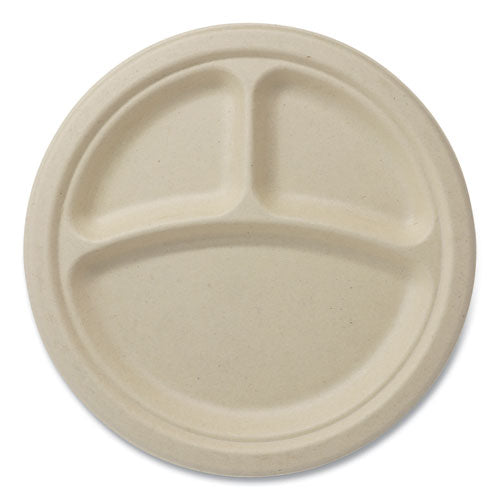 Fiber Plates, 3-compartment, Paper, 9" Dia, Natural, 1,000/carton