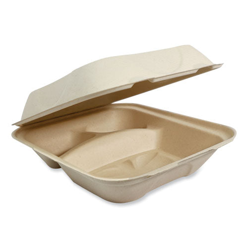 Fiber Hinged Containers, 3 Compartments, 8.8 X 8.2 X 2.9, Natural, Paper, 300/carton