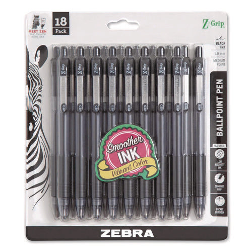 Z-grip Ballpoint Pen, Retractable, Medium 1 Mm, Black Ink, Clear/black Barrel, 18/pack
