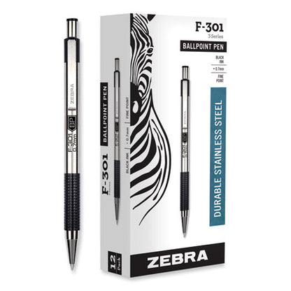 F-301 Ballpoint Pen, Retractable, Fine 0.7 Mm, Black Ink, Stainless Steel/black Barrel, Dozen