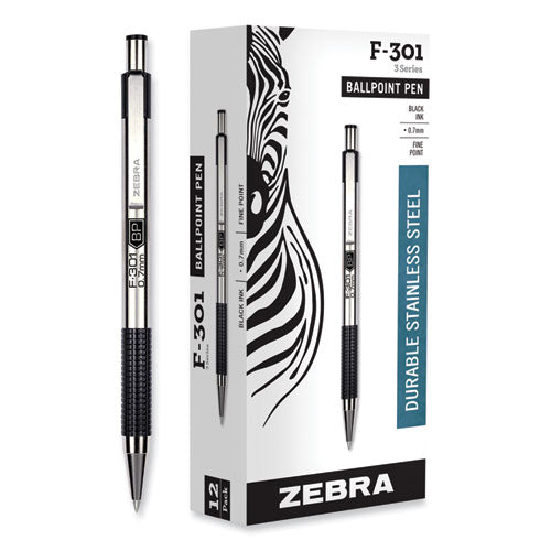 F-301 Ballpoint Pen, Retractable, Fine 0.7 Mm, Black Ink, Stainless Steel/black Barrel, Dozen