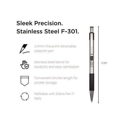 F-301 Ballpoint Pen, Retractable, Fine 0.7 Mm, Black Ink, Stainless Steel/black Barrel, Dozen