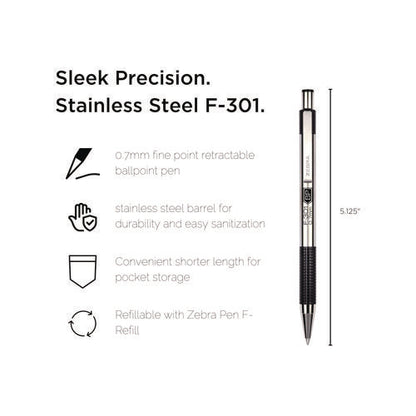 F-301 Ballpoint Pen, Retractable, Fine 0.7 Mm, Black Ink, Stainless Steel/black Barrel, Dozen