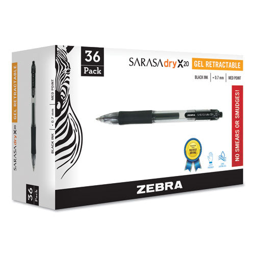 Sarasa Dry Gel X20 Gel Pen, Retractable, Medium 0.7 Mm, Black Ink, Clear/black Barrel, 36/pack
